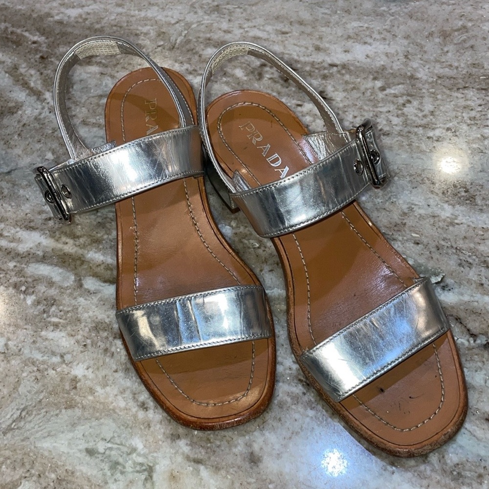 PRADA silver patent sandals